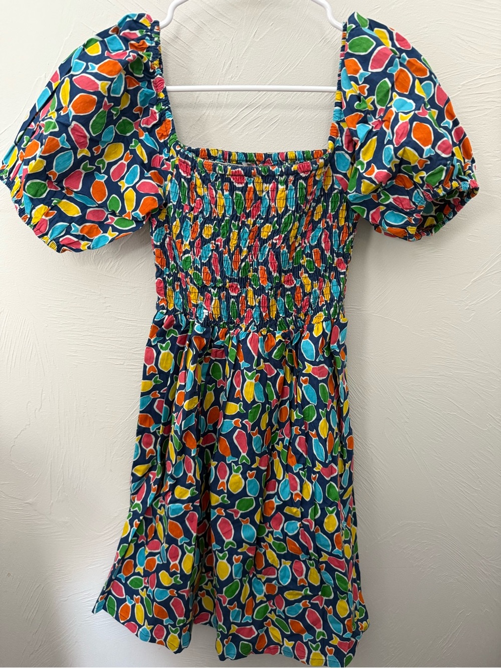 Colorful Fish Smocked Puff Sleeve Mini Dress